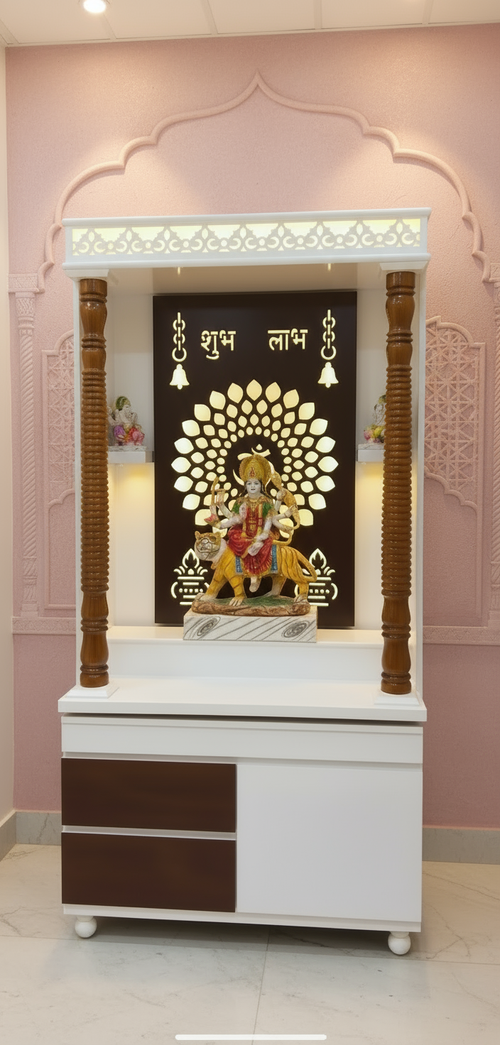 Premium wooden temple with illuminated Shubh Labh panel and drawers for storing pooja essentials.