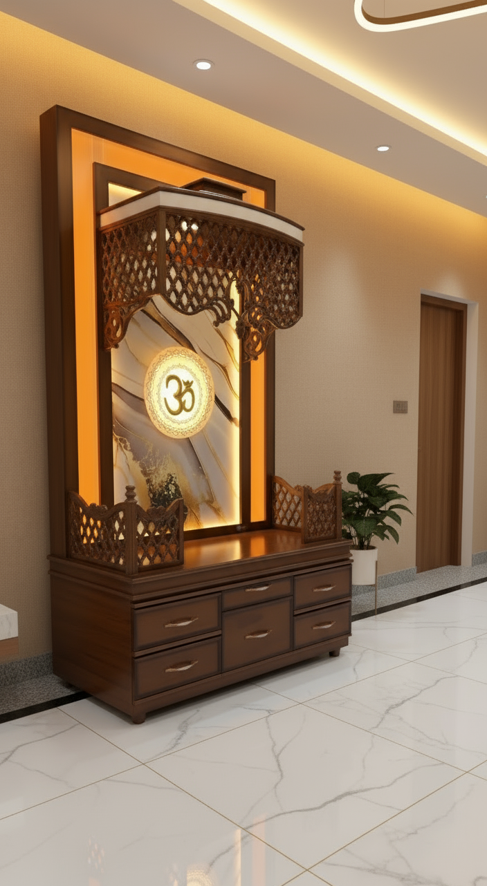 Luxury wooden home temple in teak finish with marble-look backdrop and intricate lattice design