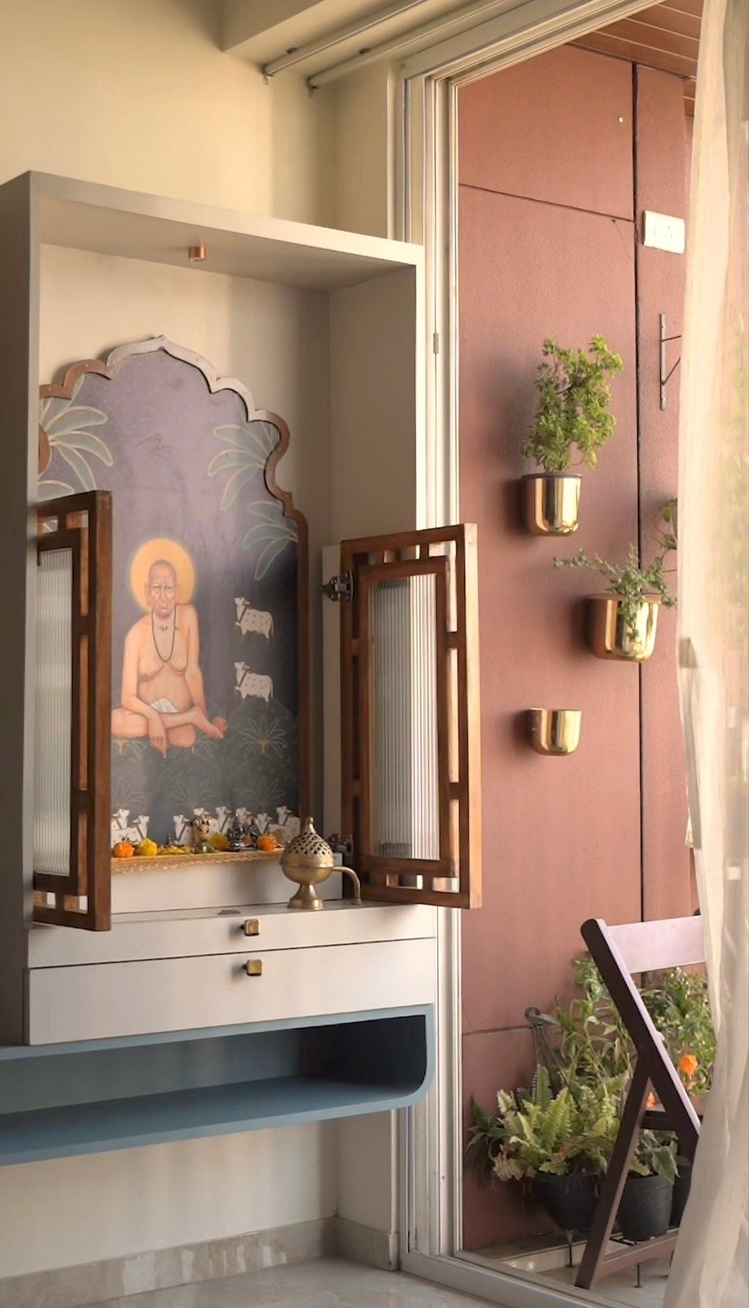 Modern Wall Mounted Wooden Pooja Mandir with Jaali Doors | Home Temple Design