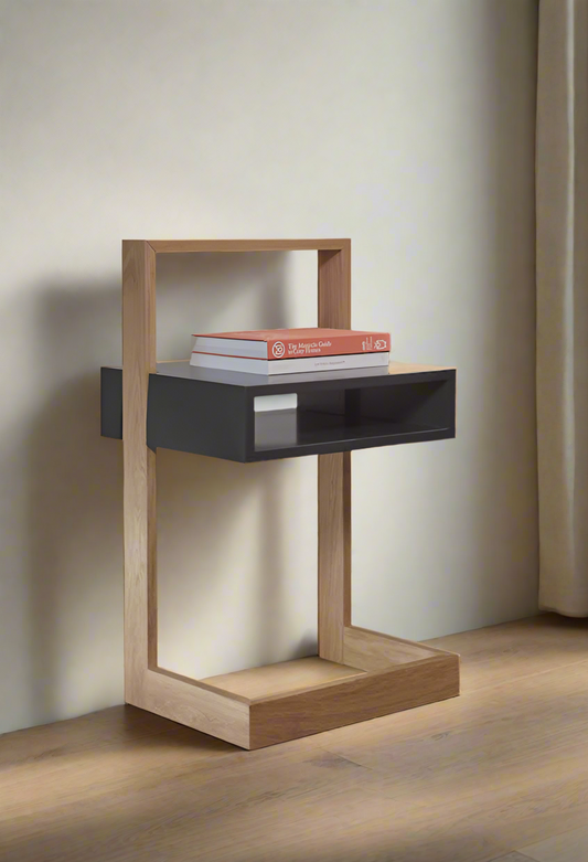 Bedside Table Black With Natural Wood | Modern Minimalist Bedside Table with Open Storage and Wooden Frame