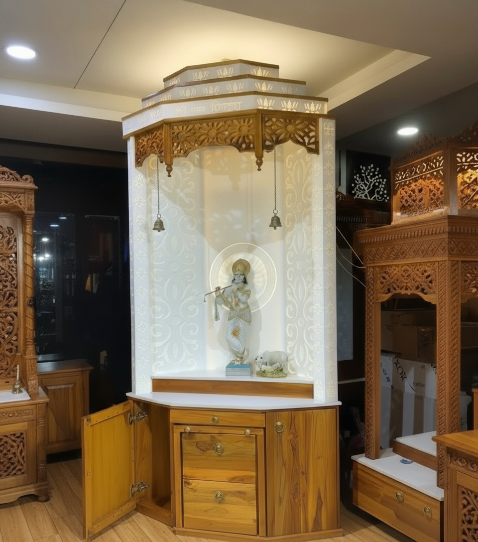 Designer pooja mandir crafted in teak wood with Corian backlit backdrop, ideal for elegant modern interiors.