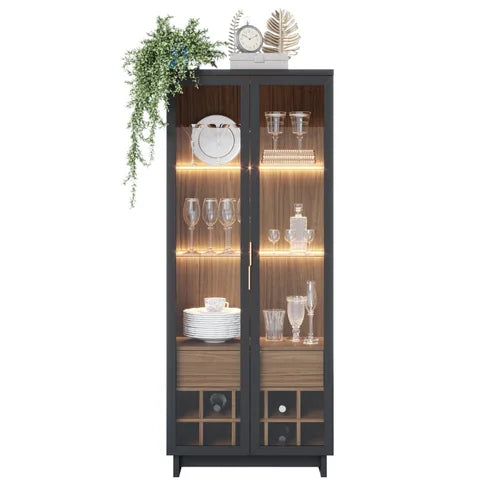 Elegant Black Glass Cabinet with LED Lights – Contemporary Display and Modern Design Storage Unit with Wine Rack and Wooden Accents