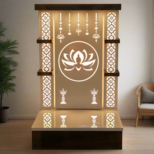 Wall-mounted wooden pooja mandir with LED backlight and lotus design for home decor