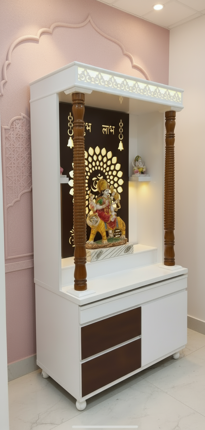 Handcrafted pooja mandir with glowing back panel and dual-tone wooden finish for home worship space.