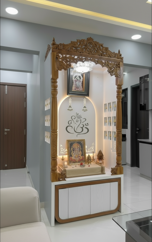 Modern white acrylic and teakwood pooja mandir with LED backlit Ganesha design and storage cabinet