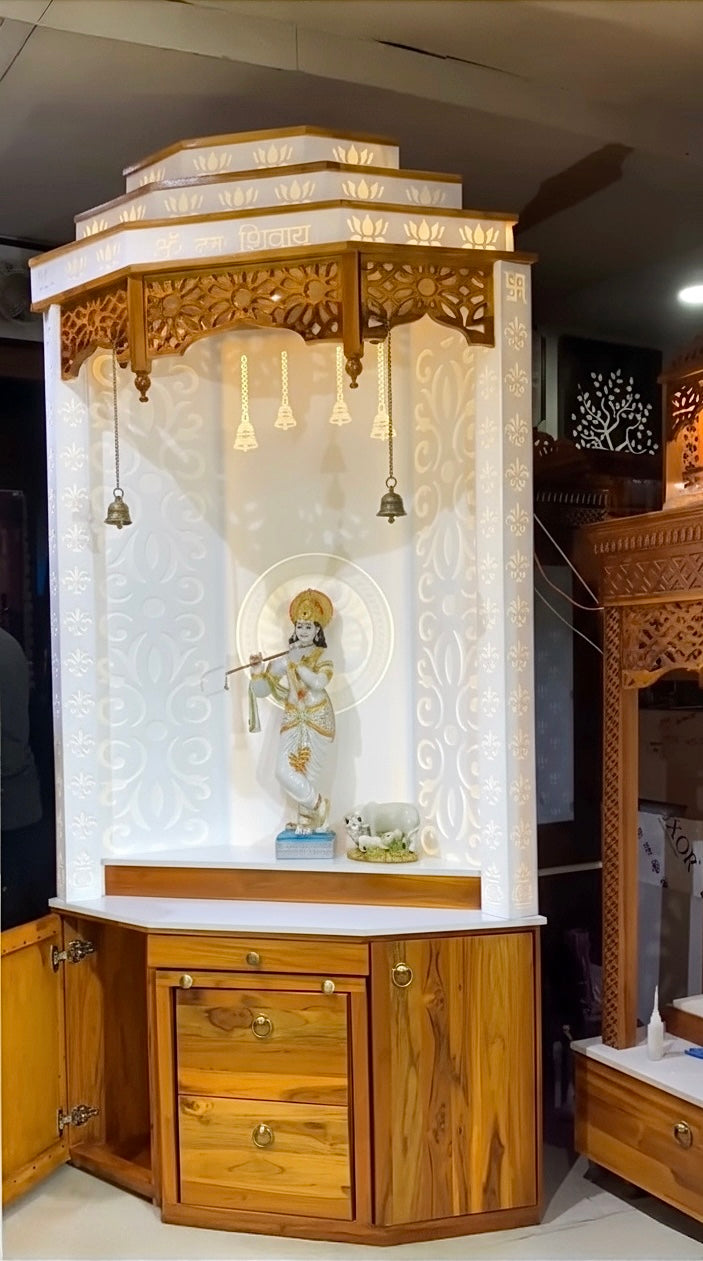 Contemporary wooden home temple with LED backlight and Corian design panel, handcrafted for a divine home décor accent.