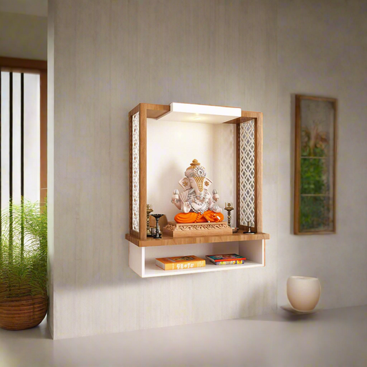 Premium wall-mounted wooden mandir with LED lighting, handcrafted Ganesh idol, and open shelf – luxury pooja unit for modern interiors.