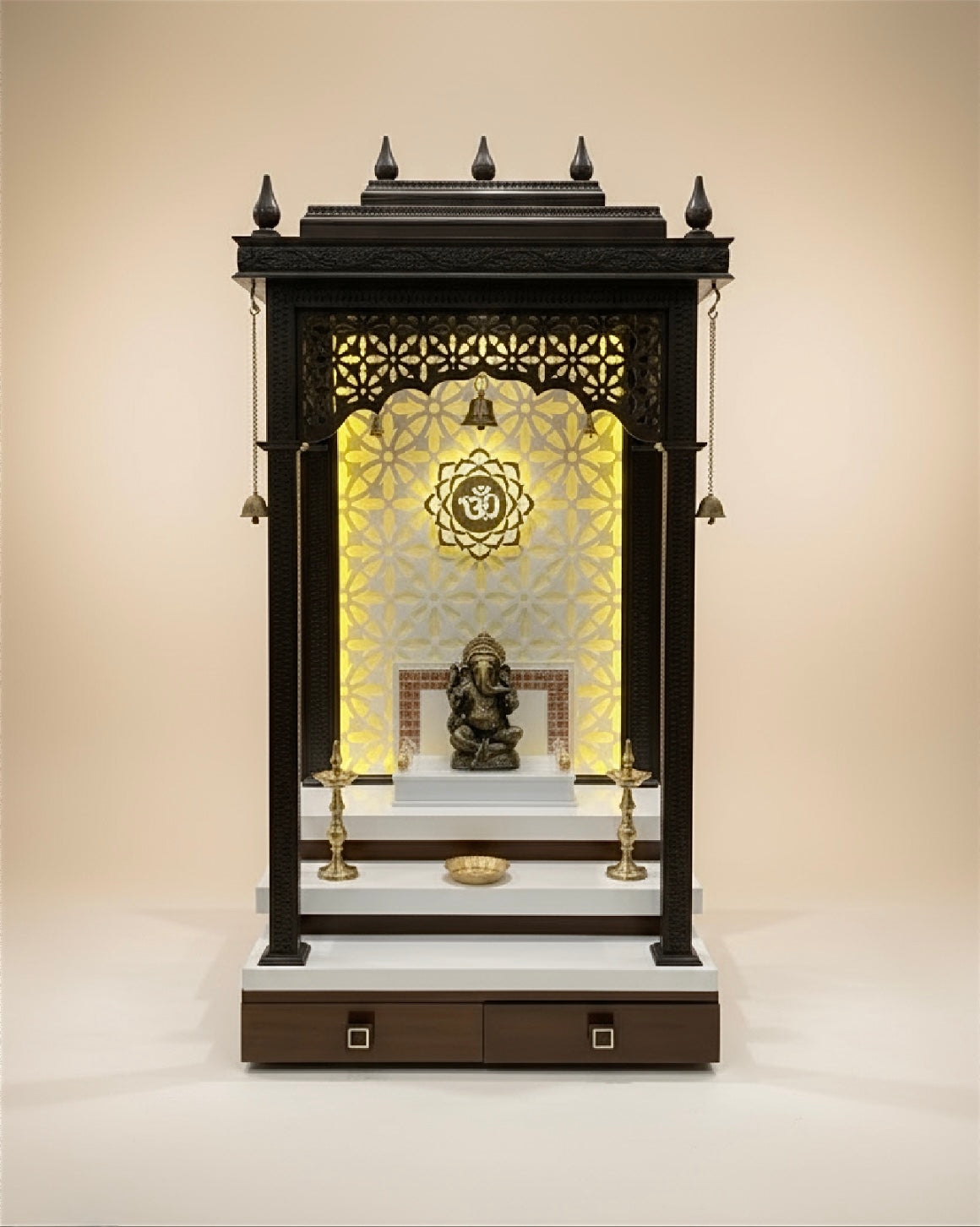 Traditional yet modern pooja mandir with Om symbol and backlit floral pattern design
