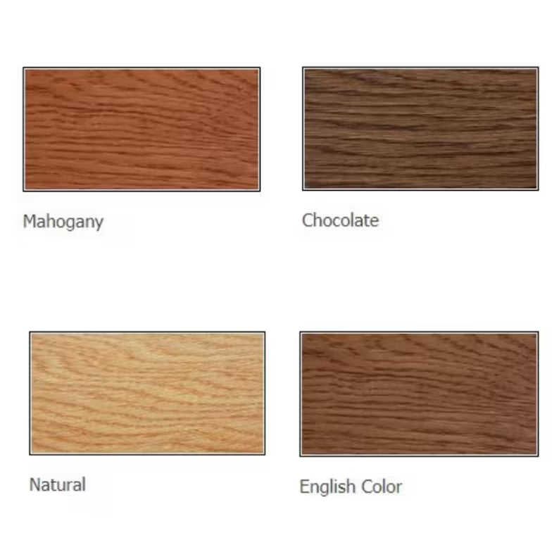 Four wood color swatches labeled Mahogany, Chocolate, Natural, and English Color on a white background.