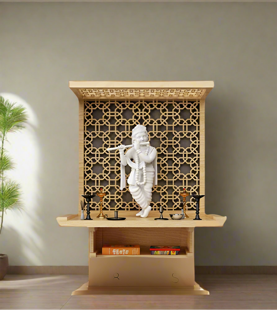 This exquisite mandir features a divine Krishna idol, beautifully detailed jali work, and a sleek storage section, blending tradition with contemporary interiors.