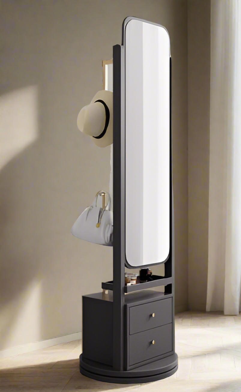 Movable Vanity Rotating Floor Standing Vanity Mirror with Storage and Hooks – Modern ...