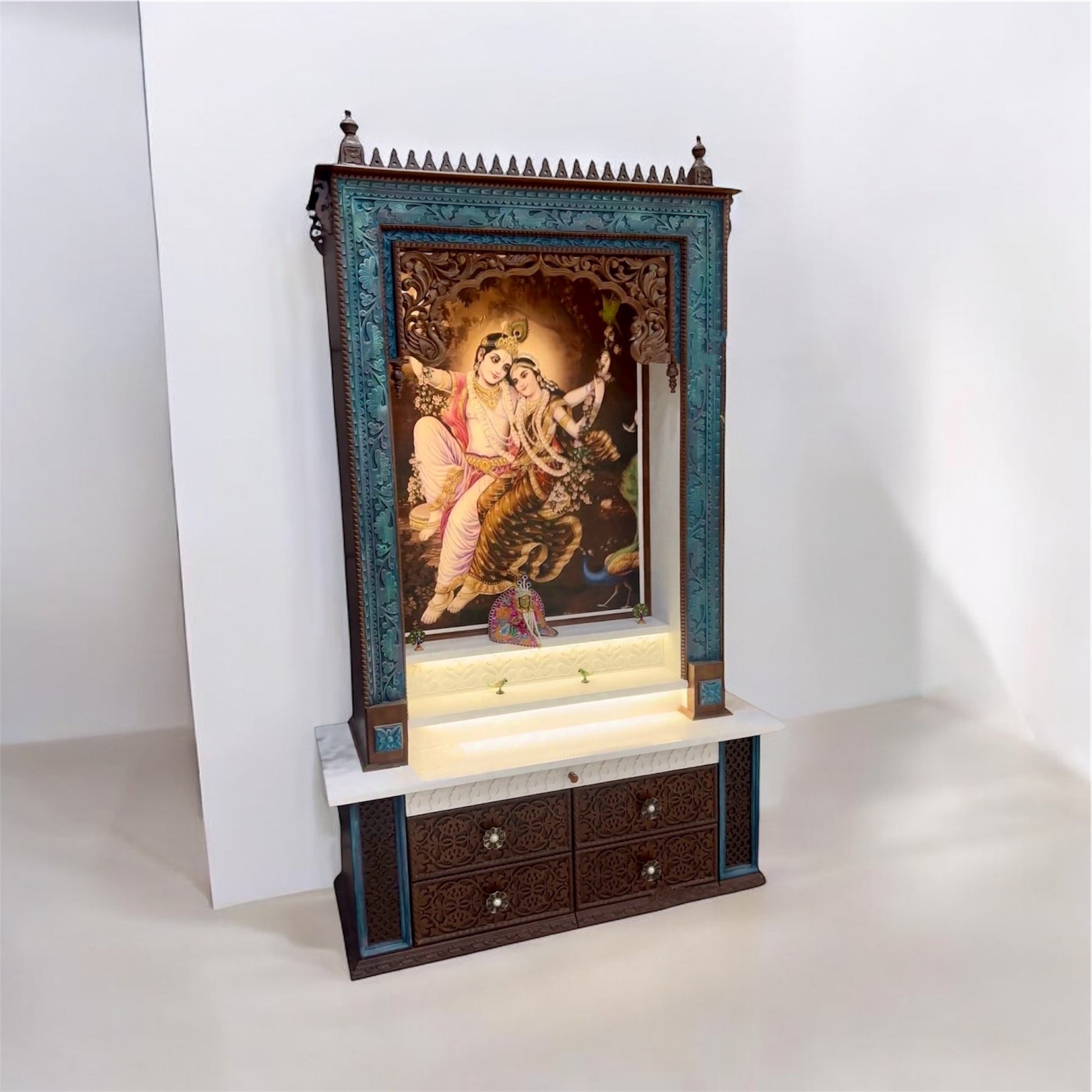 Premium Wooden Pooja Mandir with Golden Accents – Hindu Prayer Temple for Home Décor