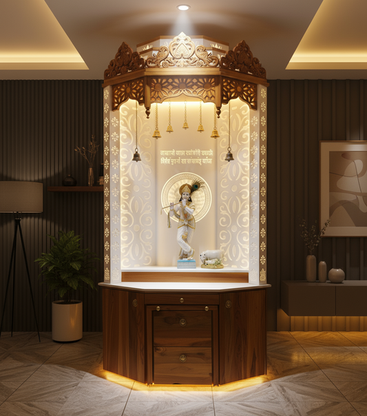 Luxury teak wood pooja mandir with Corian backlit panel and LED lighting for modern home temple décor.