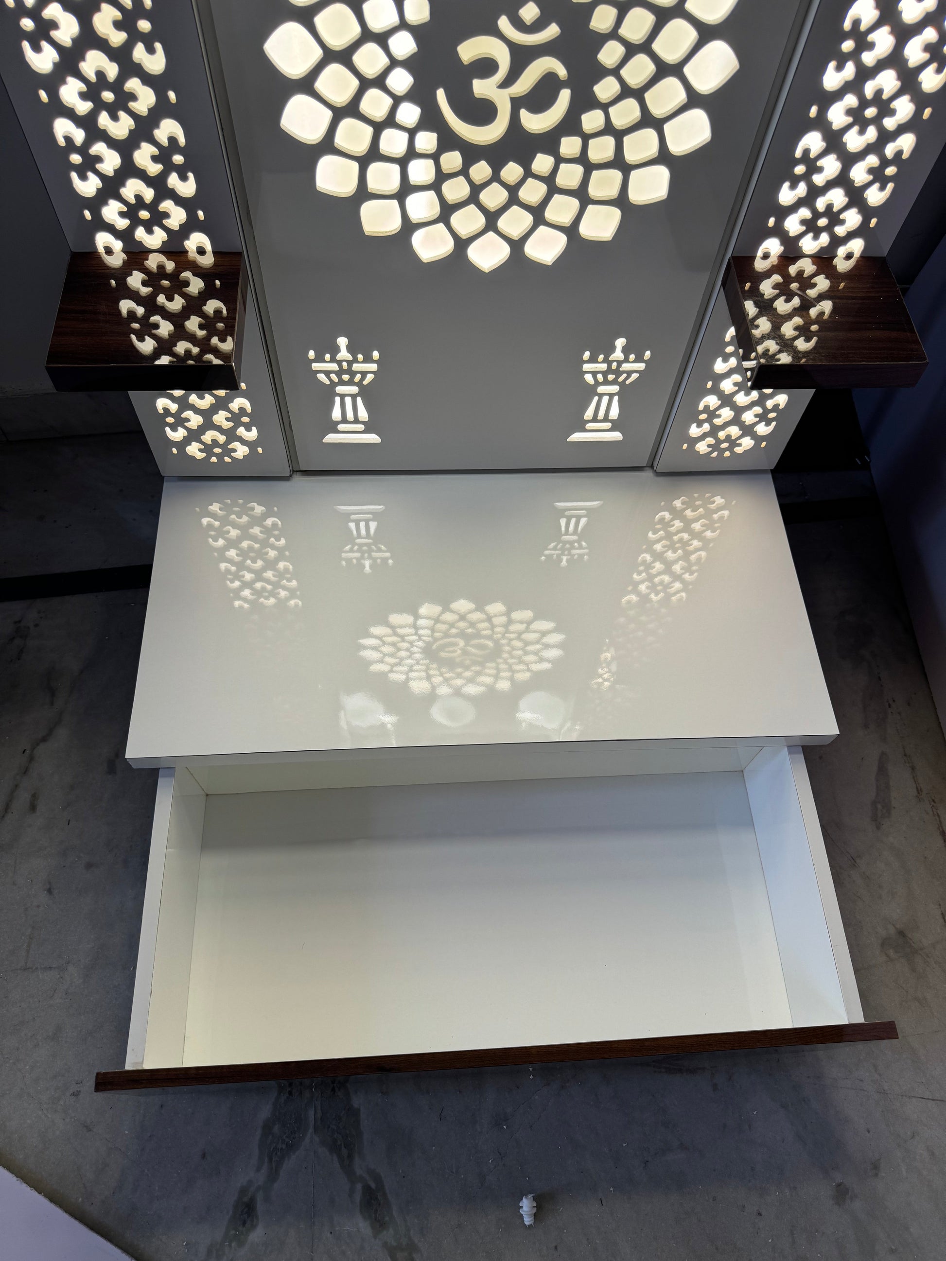Acrylic and wood pooja mandap with glowing Om design and side shelving
