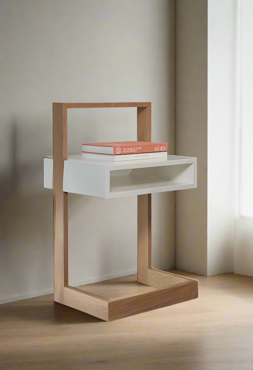 Bedside Table White With Natural Wood | Modern Minimalist Wooden Bedside Table with Open Storage Drawer