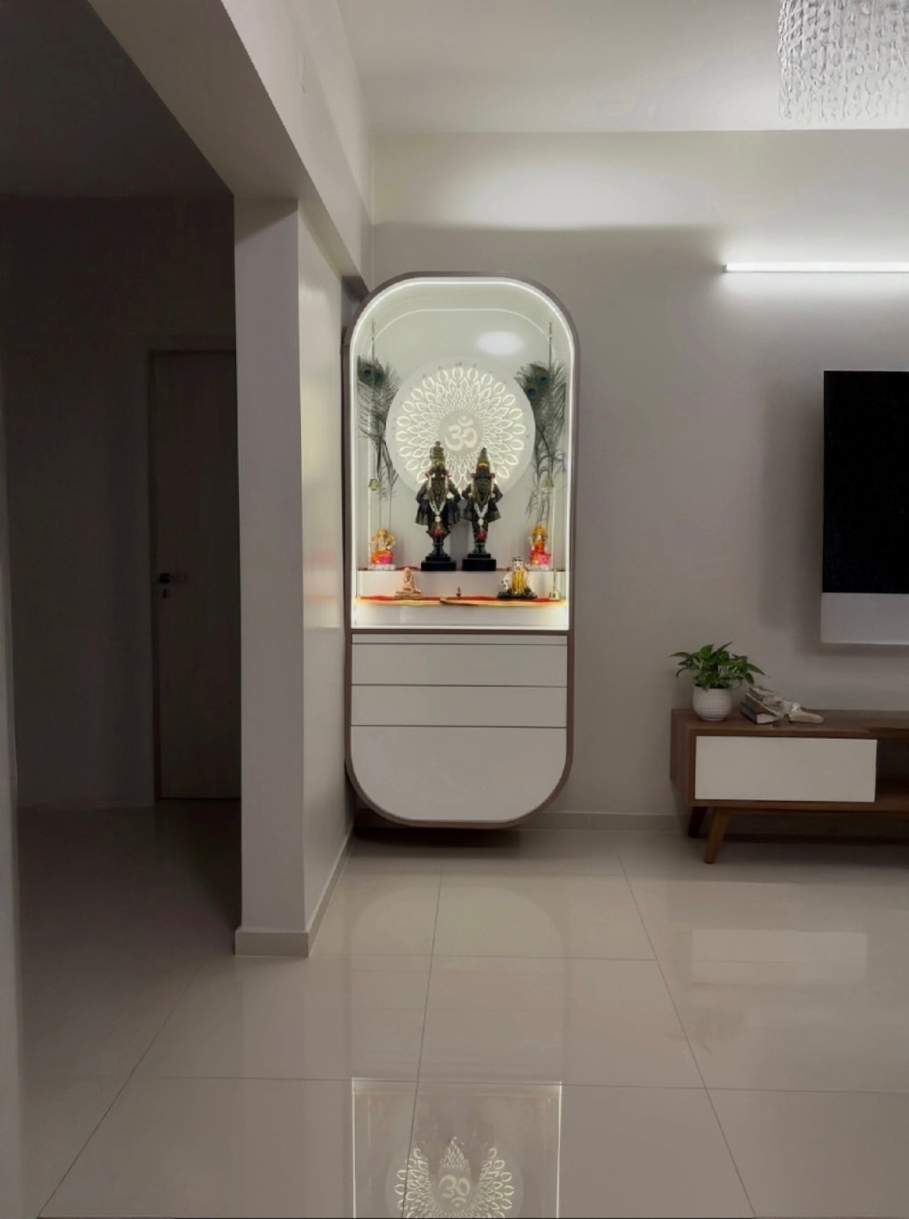 (Exclusive)-Premium Modern Pooja Mandir for Home – Acrylic White Finish with LED Backlit Om Panel, Curve Arch Design & Storage Drawers