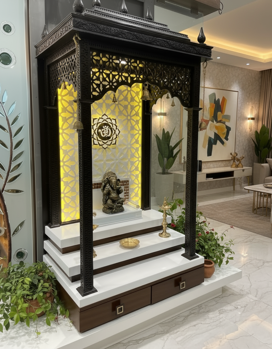 Elegant black wooden pooja mandir with Corian backlit Om panel and brass bells for home décor