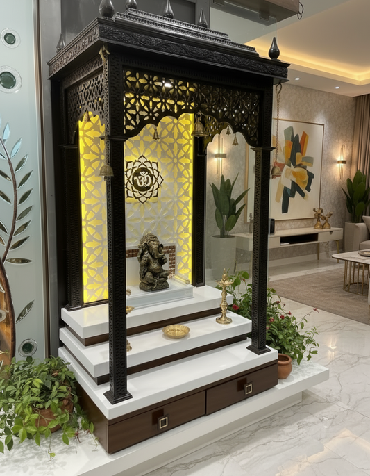Elegant black wooden pooja mandir with Corian backlit Om panel and brass bells for home décor