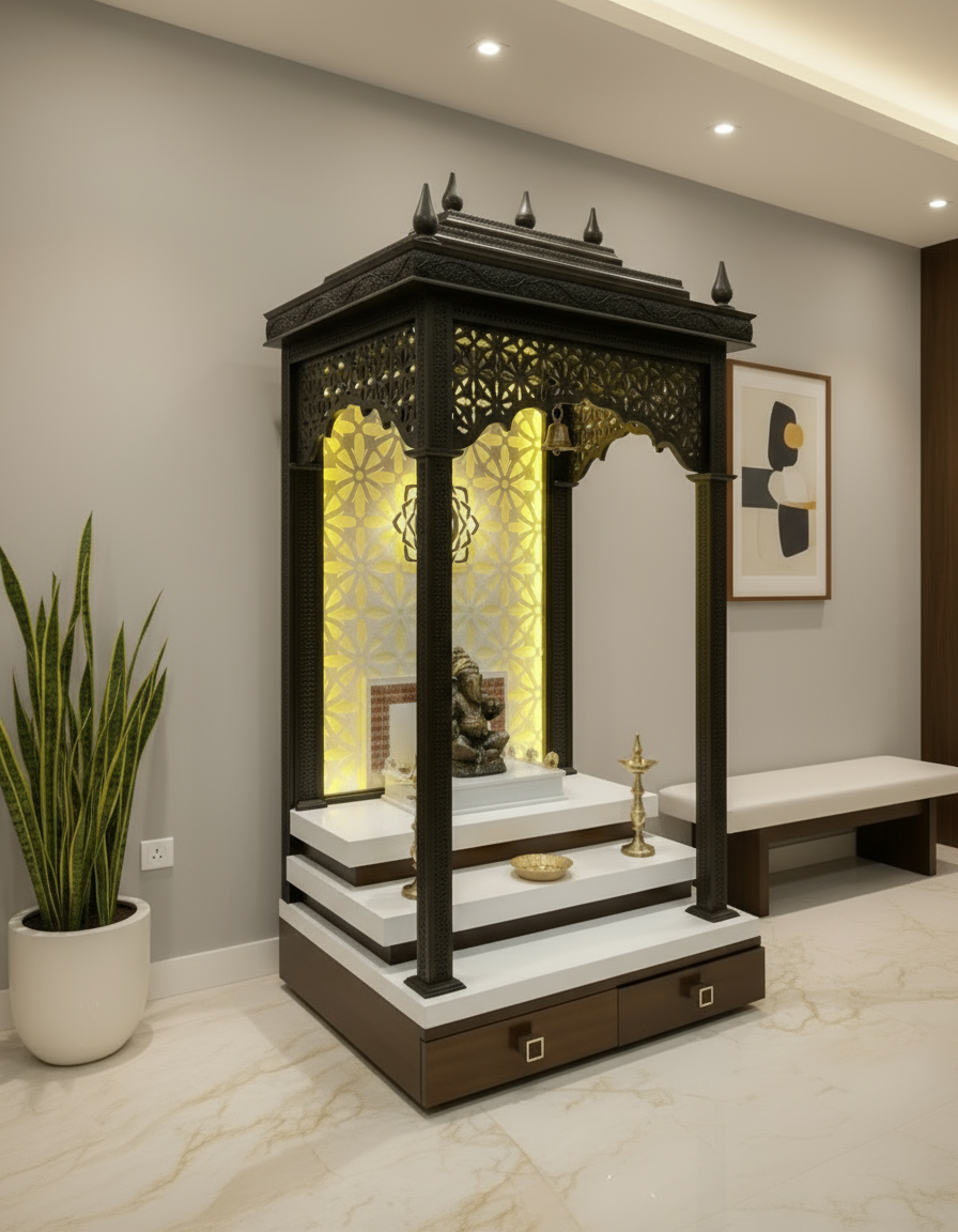 Black and white pooja mandir with glowing back panel and Ganesh idol for prayer room décor