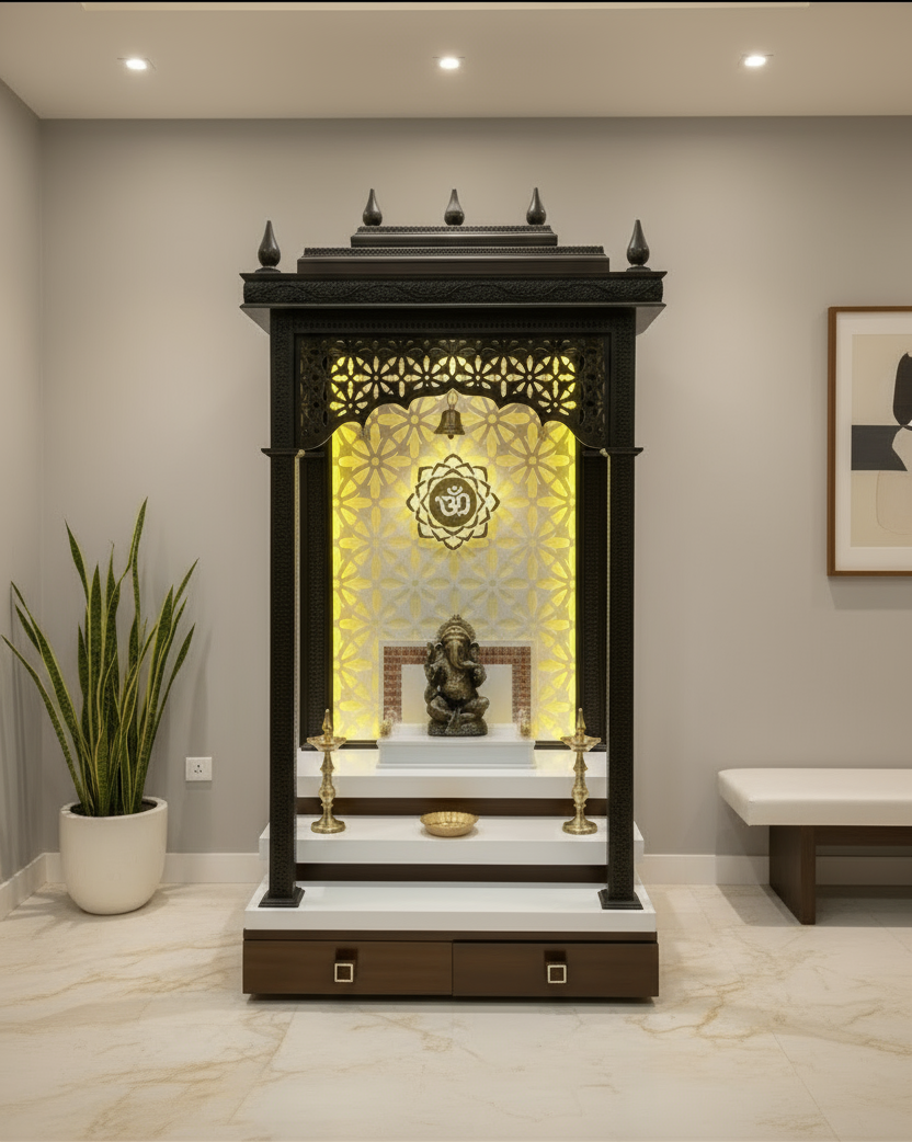 Luxury mandir design with white Corian steps and intricate wooden carvings for modern homes