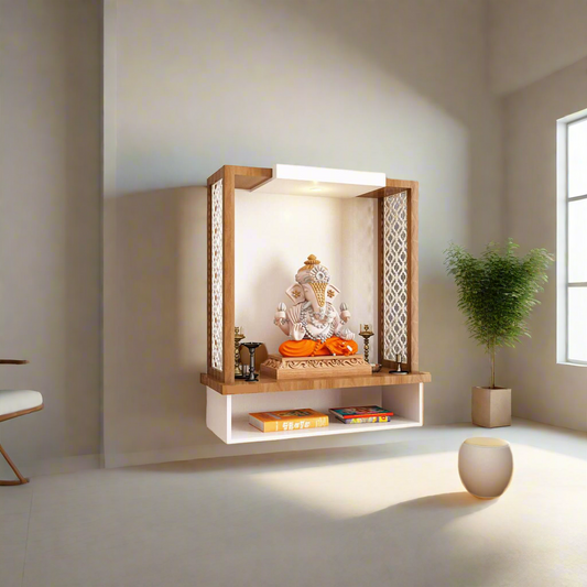 Modern Wall-Mounted Wooden Mandir with Lord Ganesha Idol and Backlit Panel – Ideal for Contemporary Home Interiors