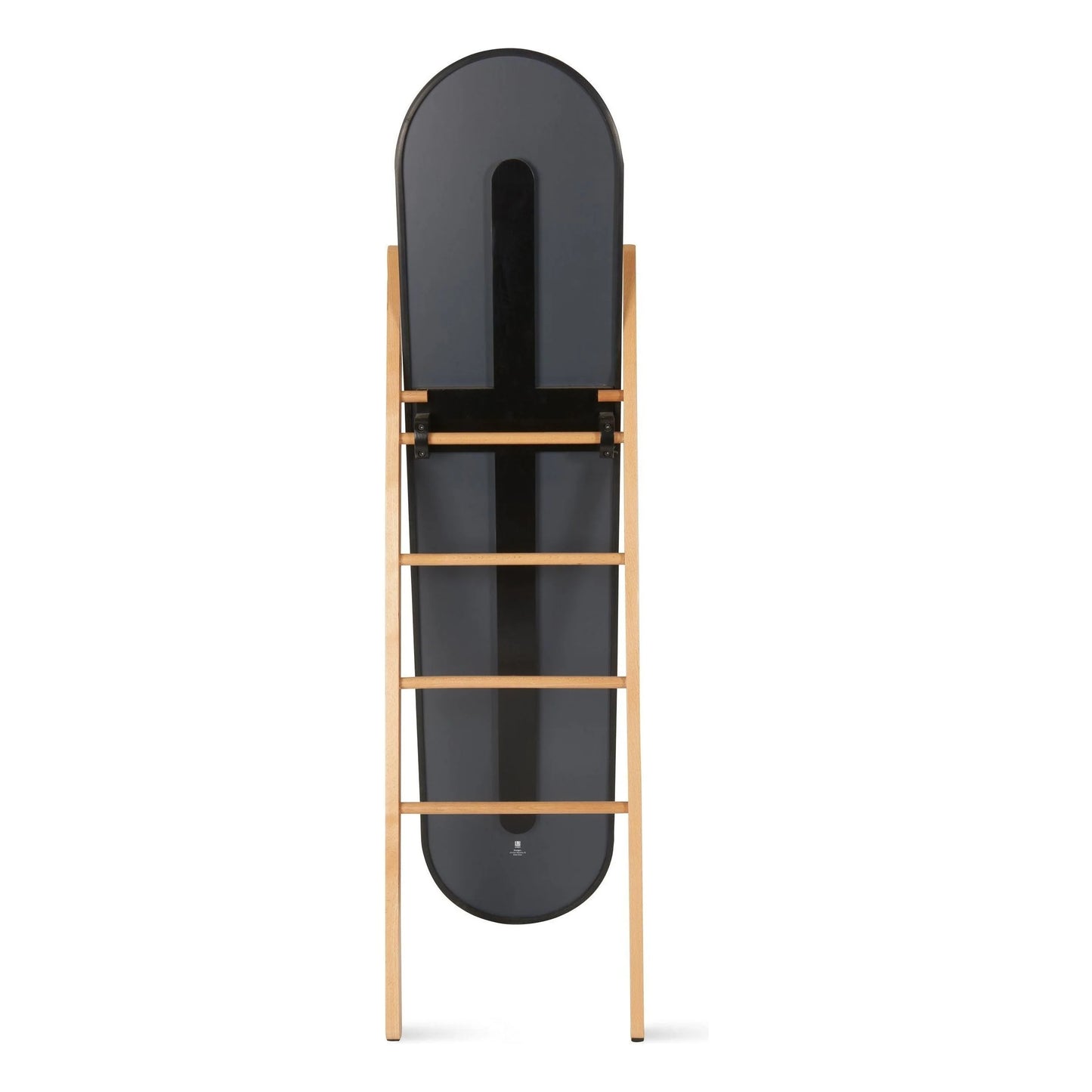 Back view of wooden ladder style frame with attached oval full length mirror