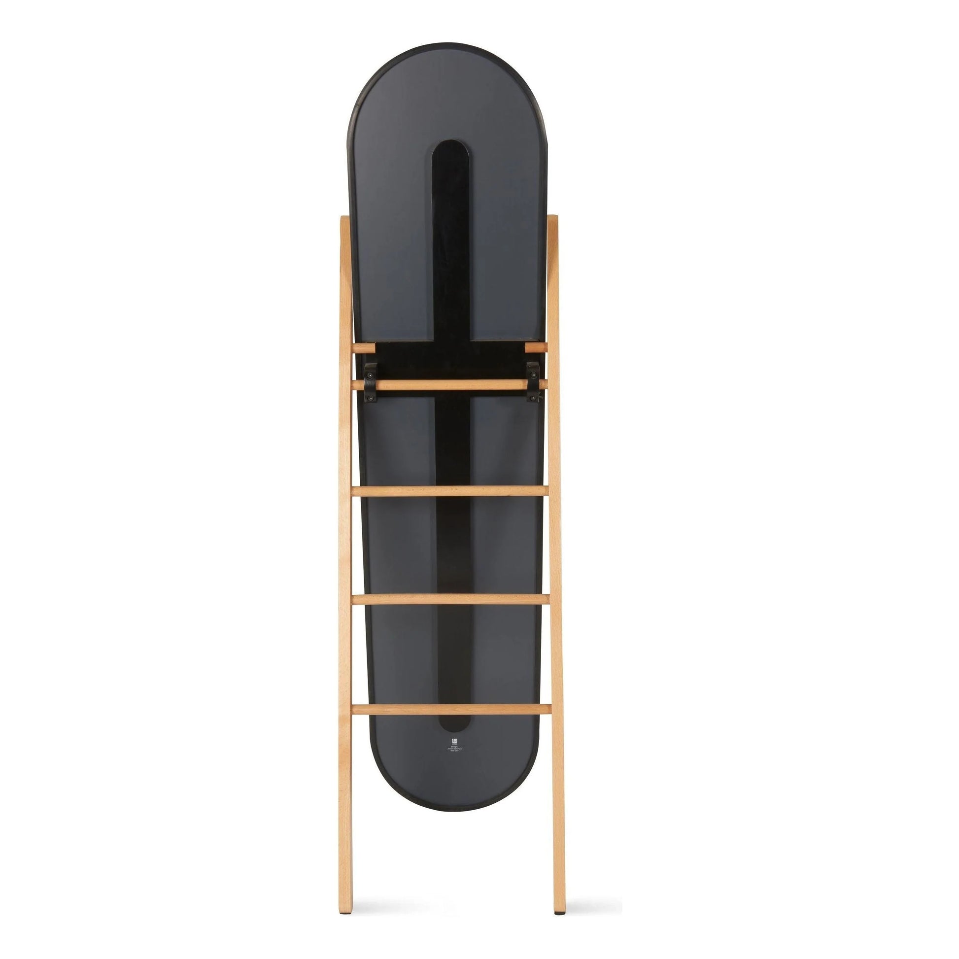 Back view of wooden ladder style frame with attached oval full length mirror