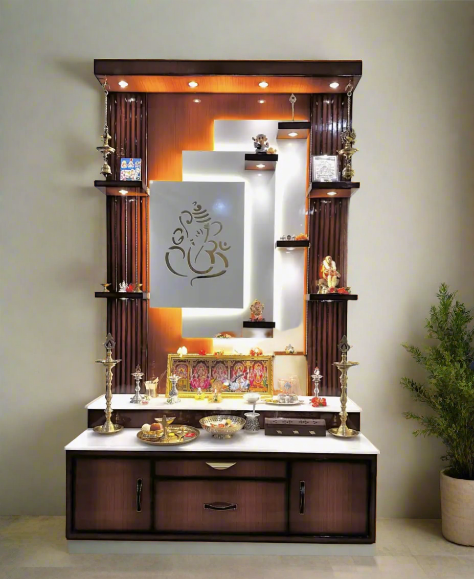 Traditional wall-mounted wooden temple with Ganesha panel and spotlights