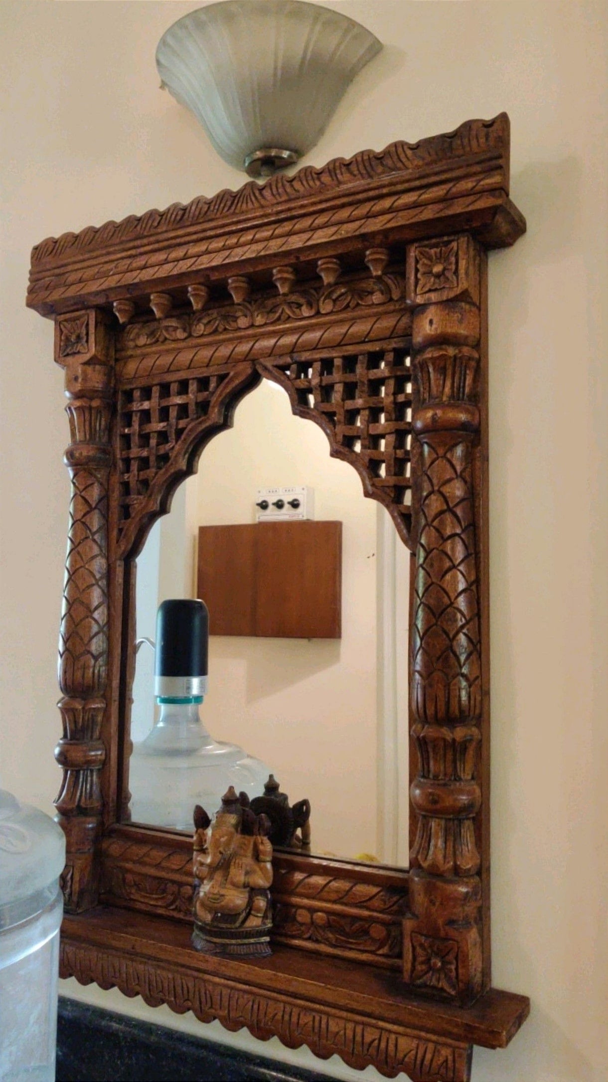 Handcrafted Teakwood Jharokha mirror frame with Ganesh idol – Indian ethnic home decor.