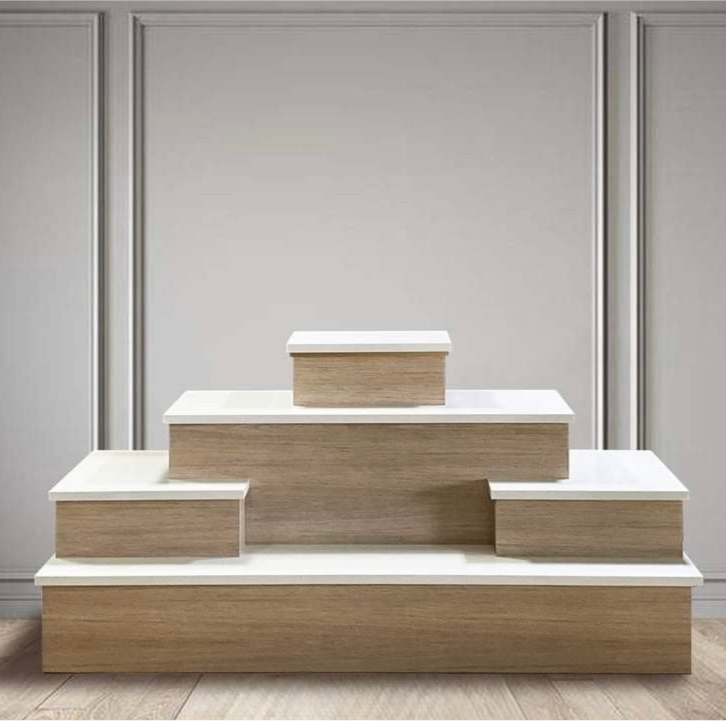 Modern Mandir pedestal stand with white and wood texture – Perfect for spiritual altars and festive worship settings