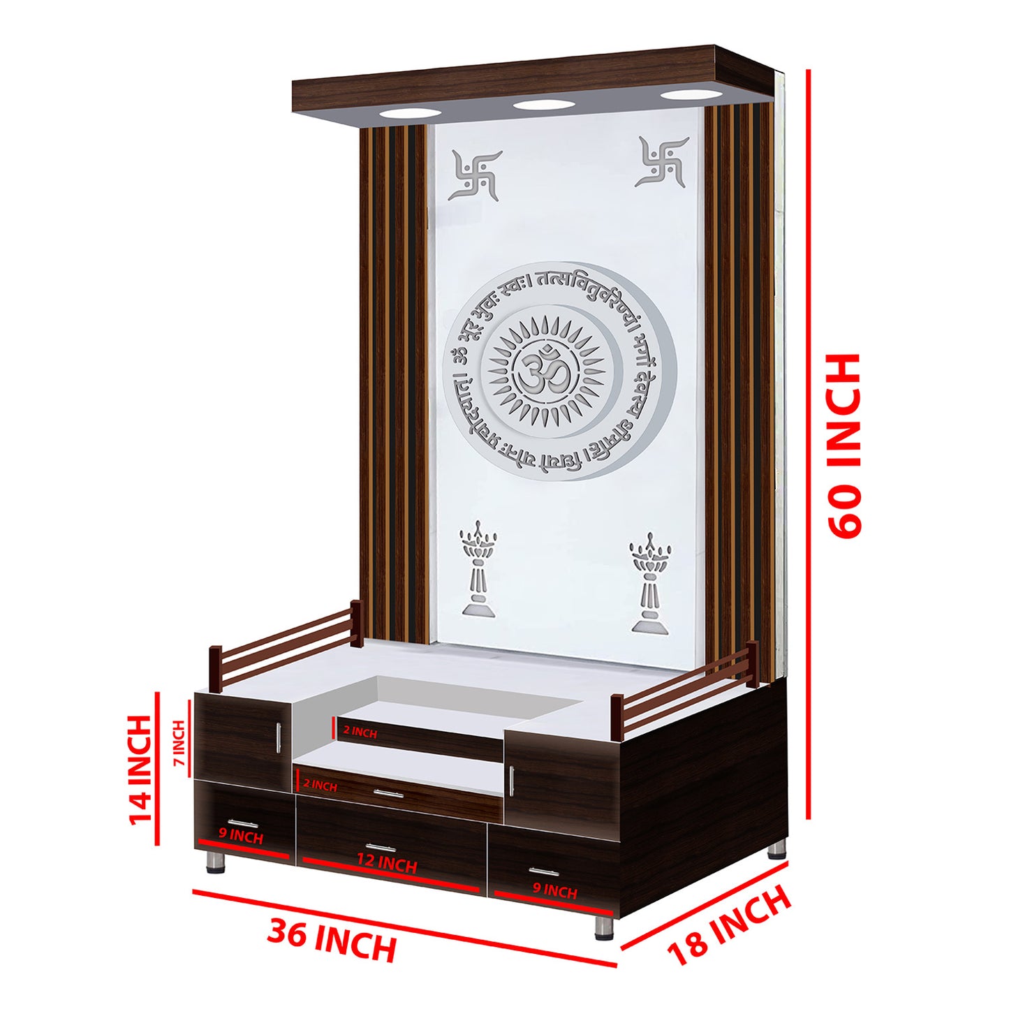Spacious Hindu pooja mandir with acrylic back panel and drawers and Functional wooden temple unit for home with ample puja storage