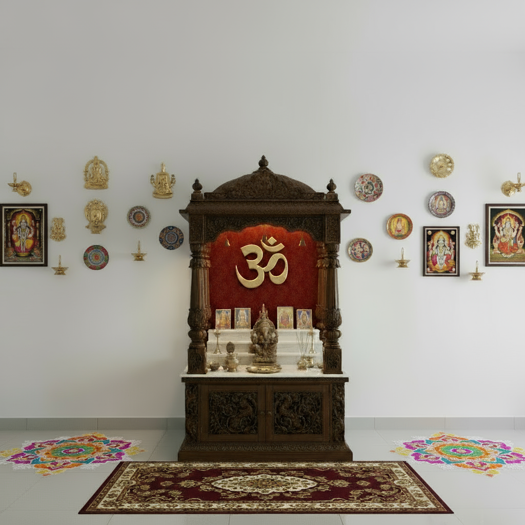 Luxury home temple in dark walnut polish with marble top, handcrafted carvings, and brass pooja essentials.