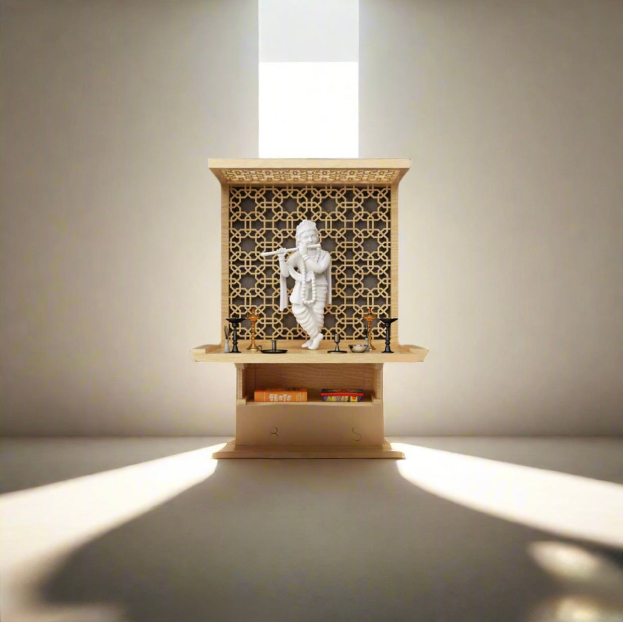 A beautifully designed home temple with a carved jali panel, ample storage, and a divine presence, making it an ideal addition to your prayer space.