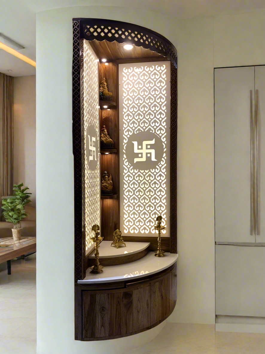 Exquisite wooden corner home temple with intricate backlit Swastik design, LED lighting, and storage for an elegant spiritual setup.