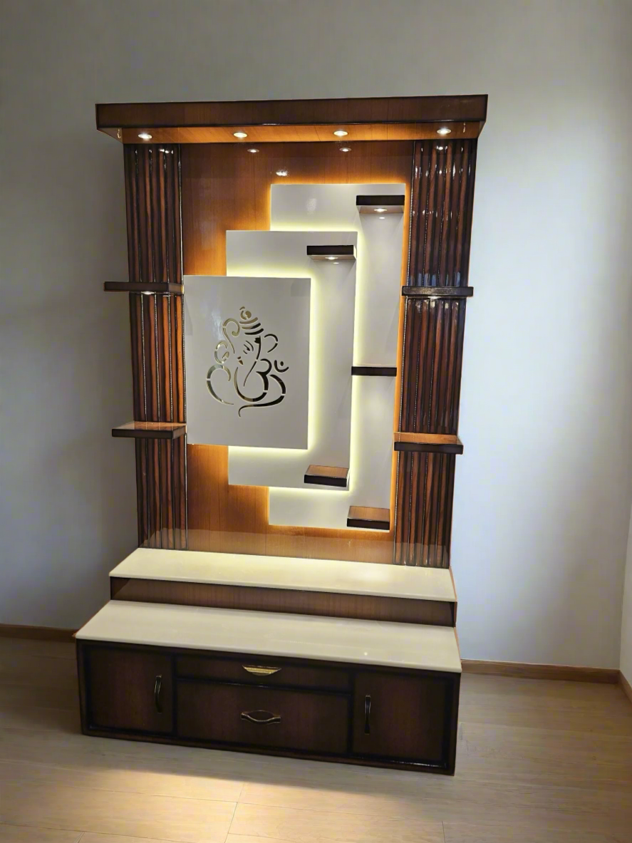 Modern Wooden Pooja Mandir with LED Lights and Storage Drawers – Home Temple Unit for Living Room | Modern Design Hindu Temple for Home