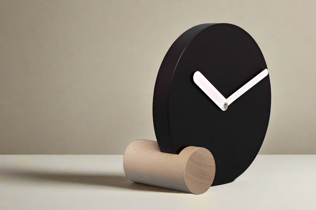 Minimalist Tabletop Clock Showcases A Sleek Black Circular Face - Resting On A Cylindrical Natural Wood Base