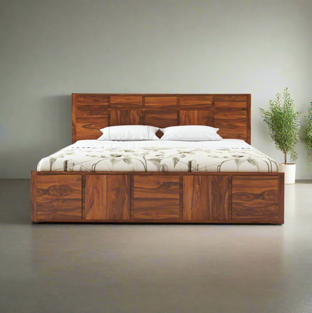 Elegant King Size Solid Wood Double Bed with Storage – Modern Bedroom Furniture - Solid Sheesham Wood Double Bed with Storage and Minimalist Panel Design