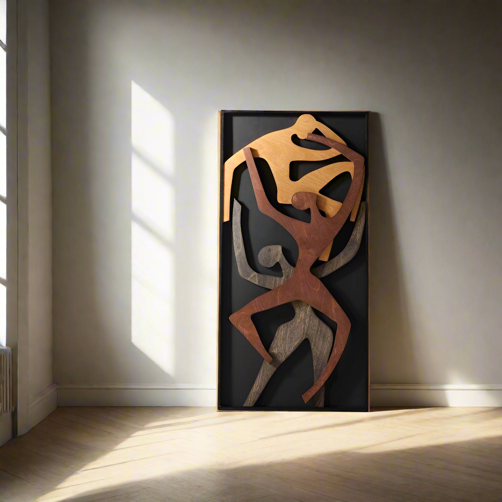 Humans Sculpture Vertical Wall Art Wooden Wall Decor | Abstract Wooden Wall Art with Dynamic Human Figures - Modern 3D Sculpture for Home Decor