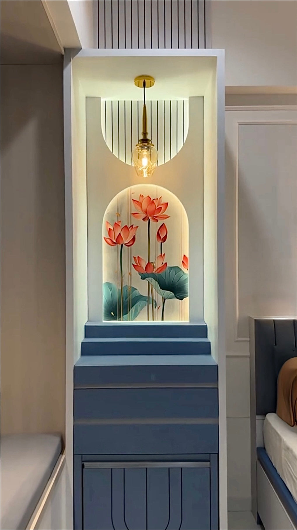 Luxury wooden pooja mandir for home décor – spiritual temple with LED light and stylish lotus design.