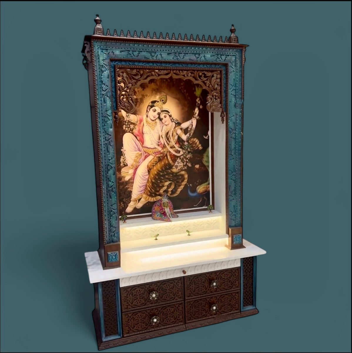 Elegant Wall-Mounted Pooja Mandir – Compact Wooden Temple with Intricate Carvings
