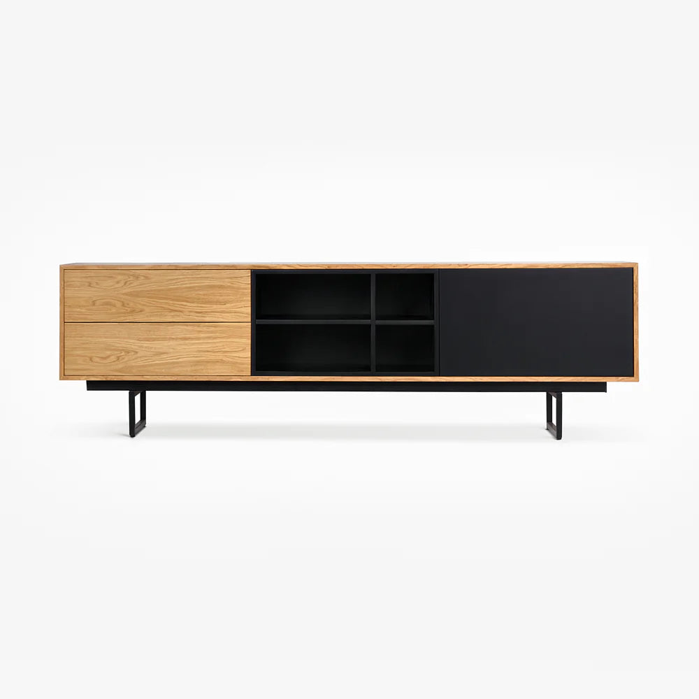 Modern TV Cabinet with Black and Wooden Finish - Stylish Media Console with Storage Shelves and Drawers