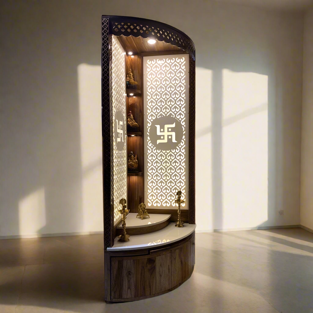 Luxury wooden Pooja Mandir for home with intricate backlit Swastik and Om design, ideal for Indian prayer rooms and spiritual spaces.
