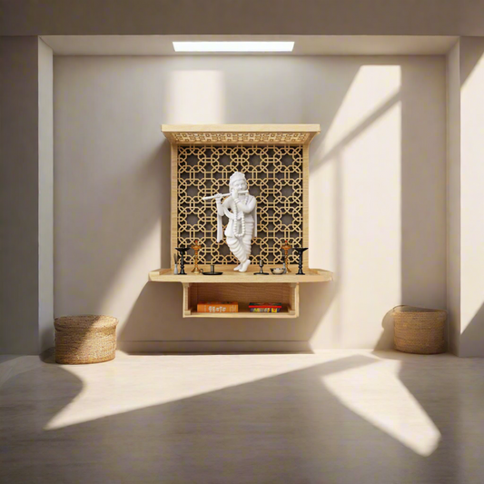 Premium wooden wall-mounted Krishna temple with intricate laser-cut backdrop and white marble idol for modern home interiors.