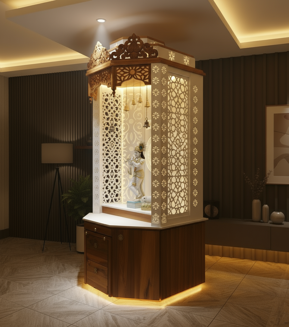 Handcrafted wooden pooja mandir featuring Corian backlit panel, LED lights, and storage drawers.