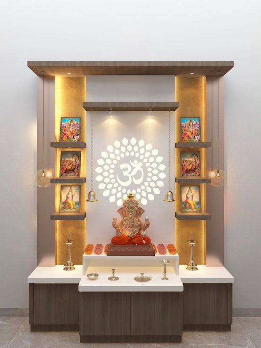 Modern wooden Pooja mandir with LED OM backlit panel, brass bells, side shelves, and storage cabinets – elegant wall-mounted home temple design.