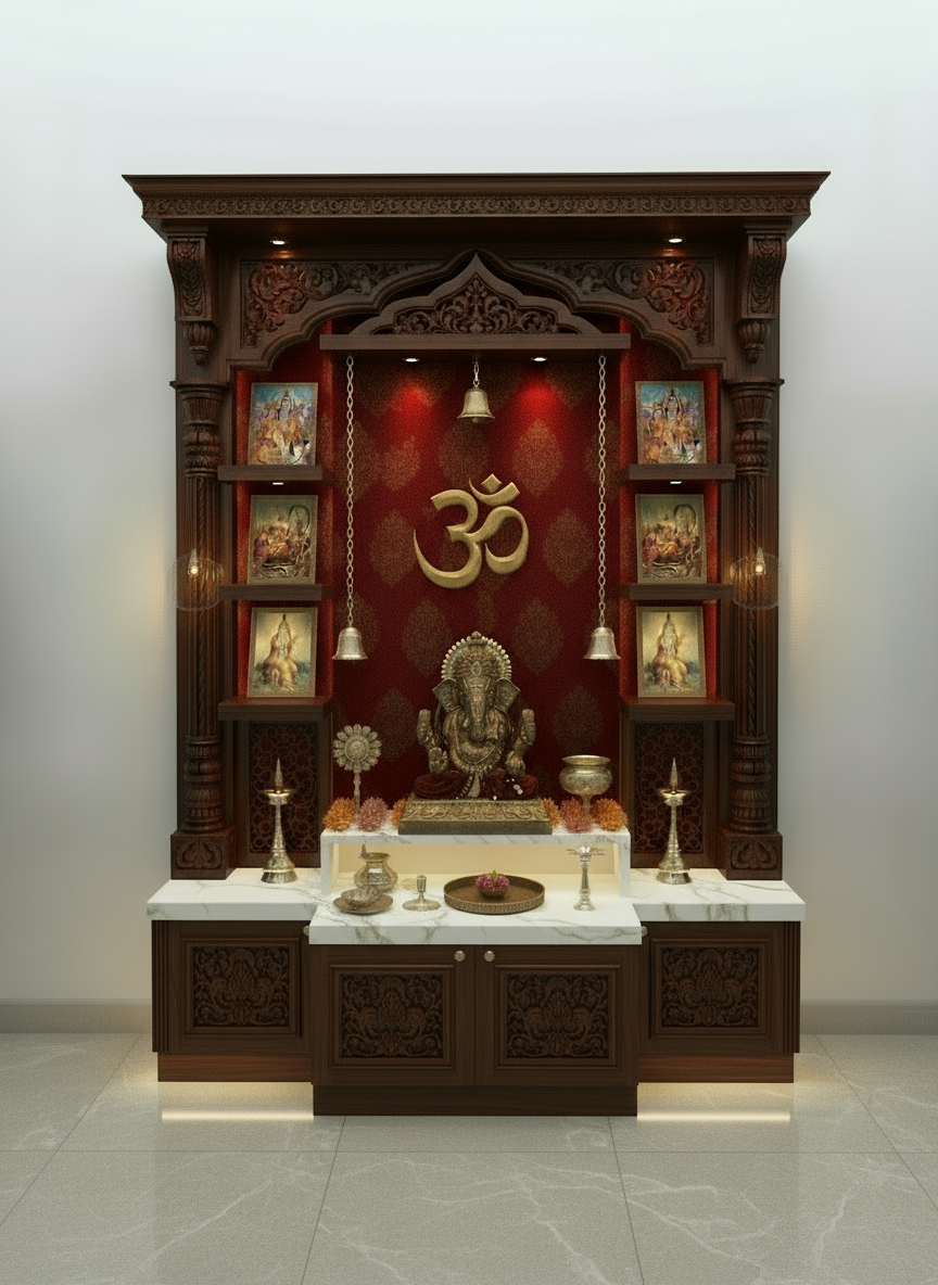 Designer wooden mandir for living room featuring classic OM design and drawers