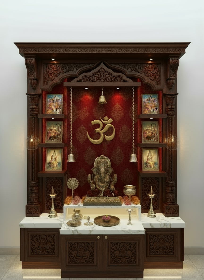 Wooden pooja mandir with ornate detailing and traditional craftsmanship for home décor