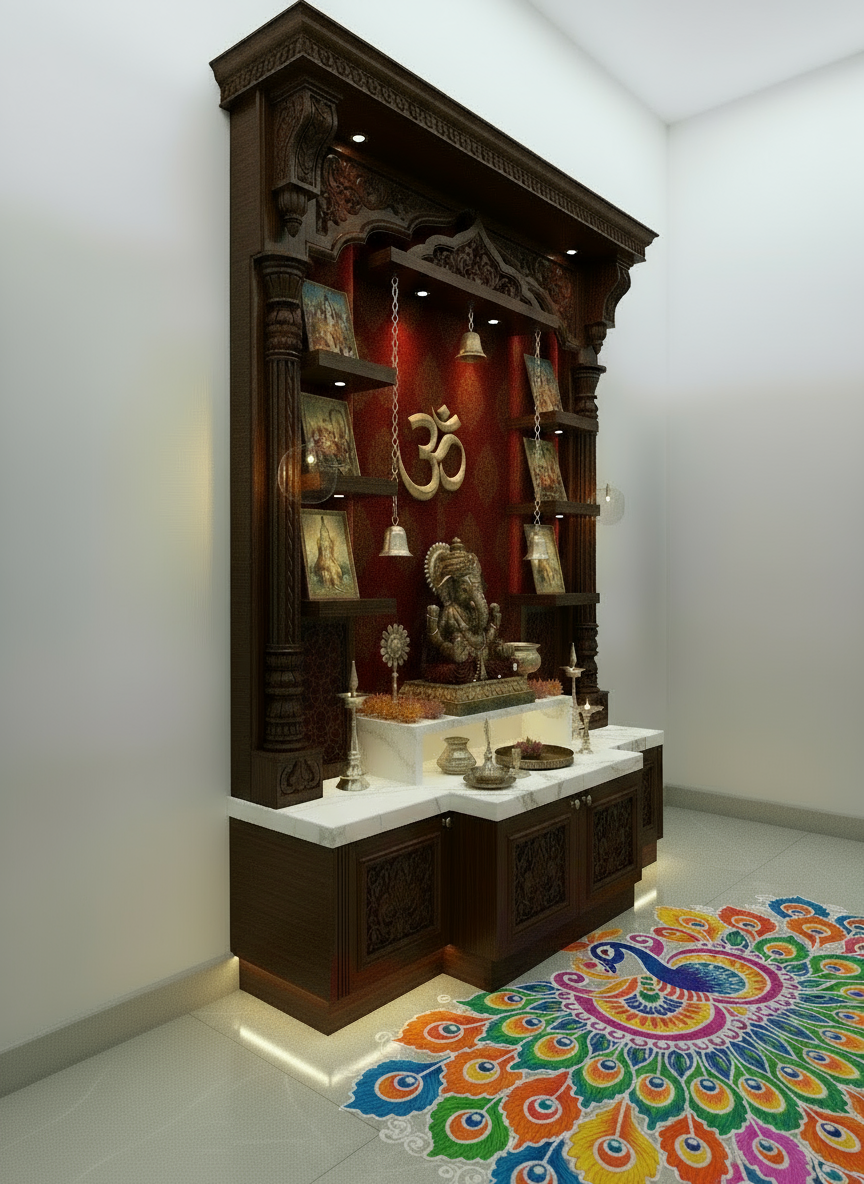Handcrafted Indian home temple with detailed carvings and marble platform