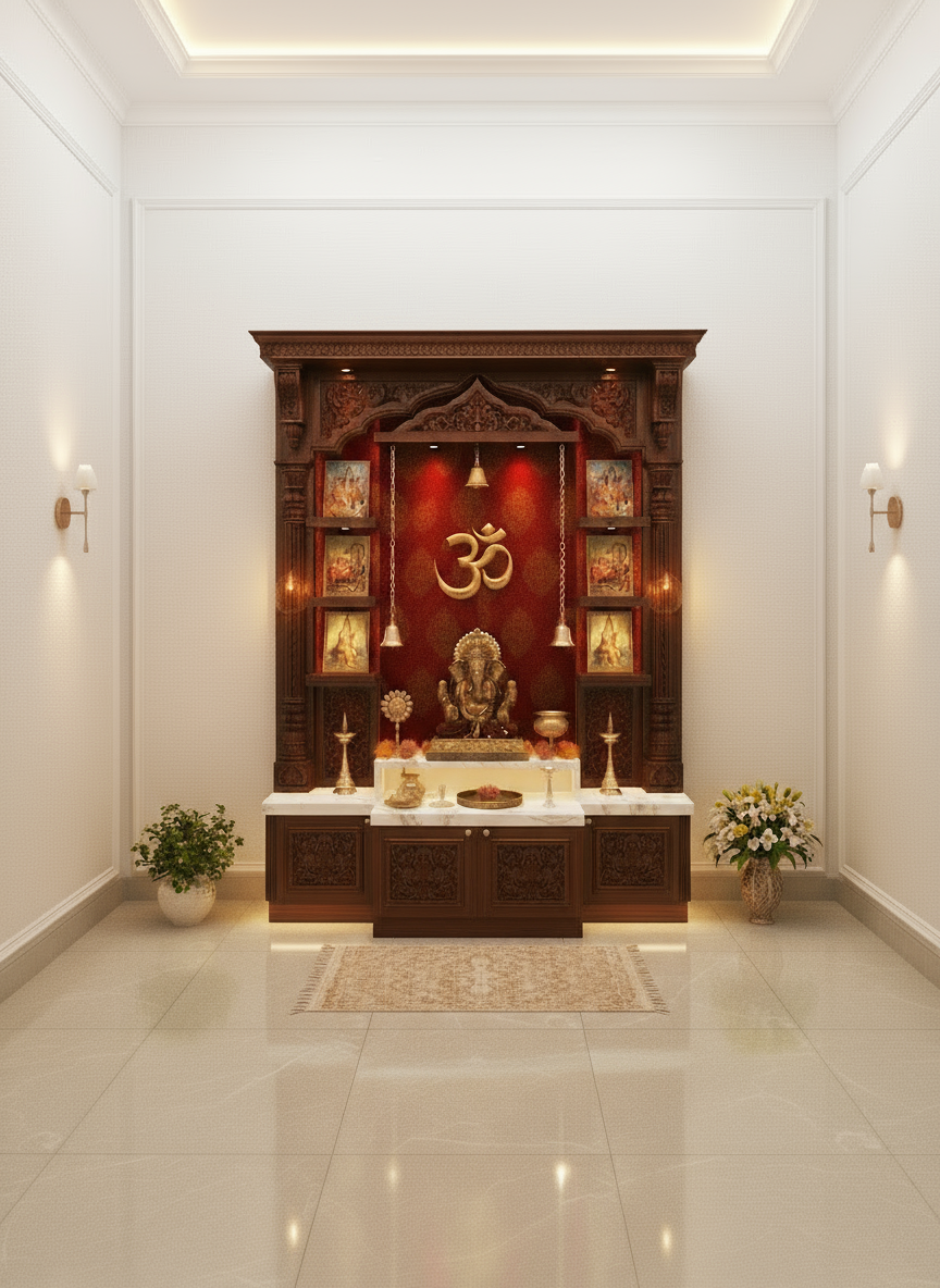 Deeply carved traditional wooden temple for home with rich matte walnut polish finish