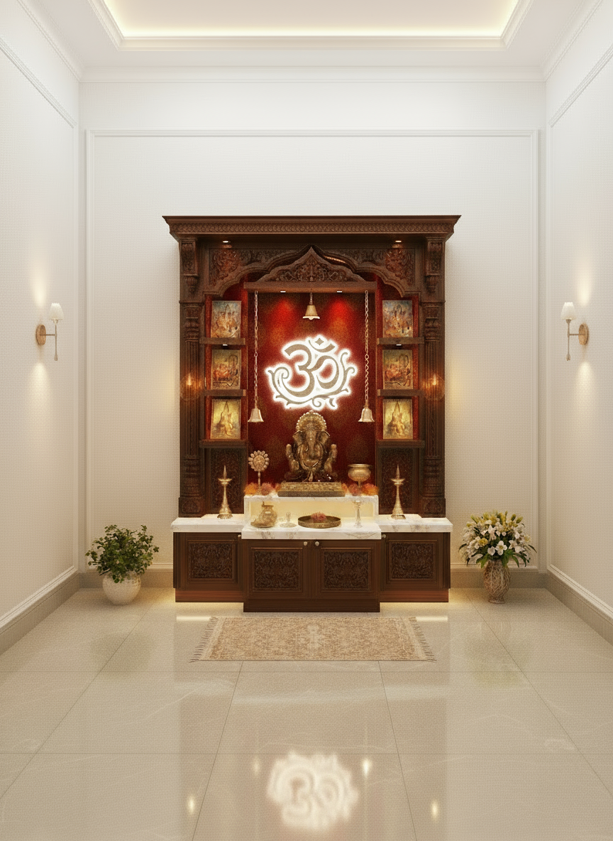 Premium pooja mandir handcrafted from solid wood with marble top and brass bells